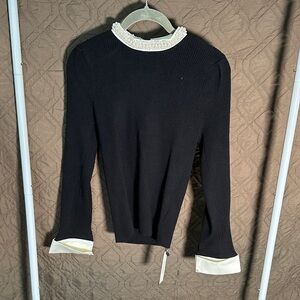Commense Black Ribbed Sweater with Cream Trim